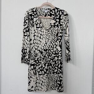 DIANE VON FURSTENBERG Silk Black White Abstract Print Long Sleeve Dress Size 4